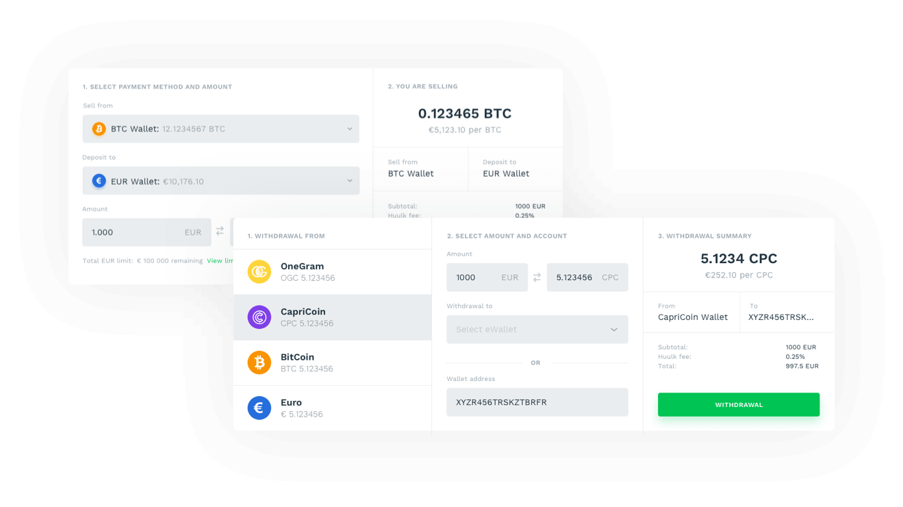 Huulk buy, sell and withdrawal screens