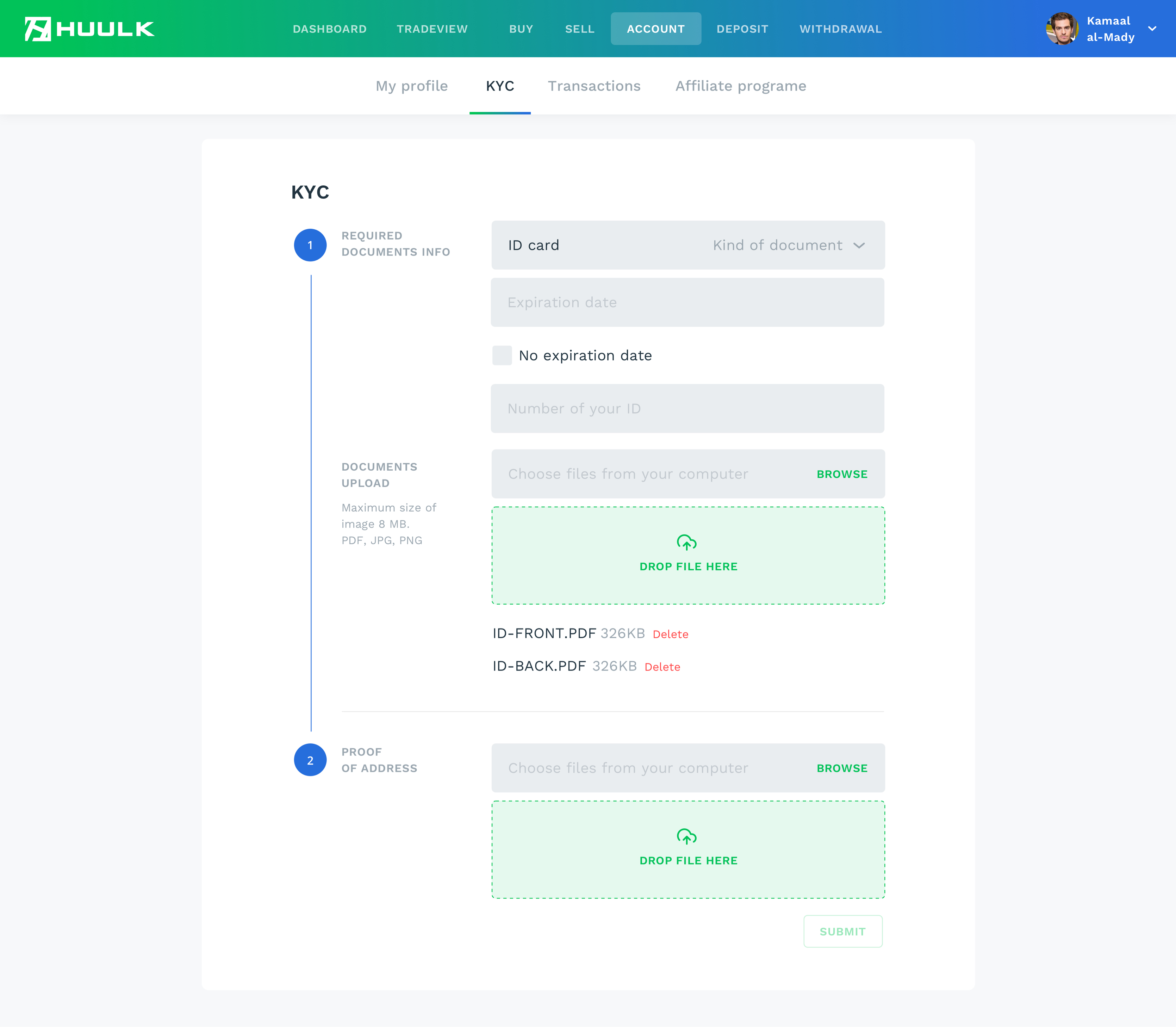 Huulk KYC screen