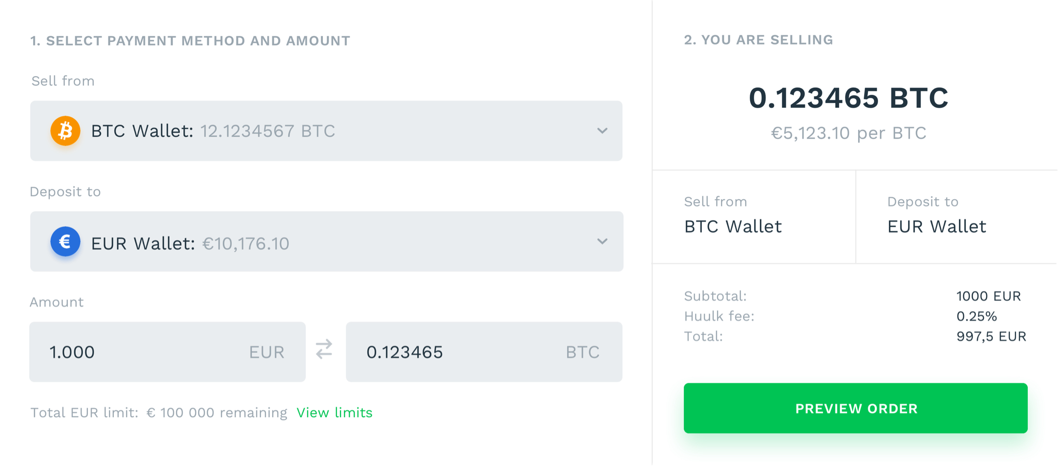 Huulk buy, sell and withdrawal screens