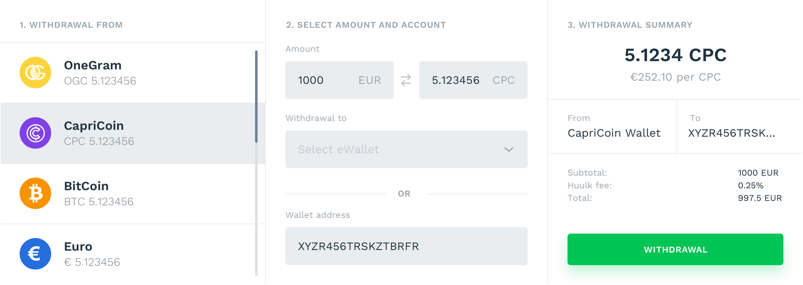 Huulk buy, sell and withdrawal screens